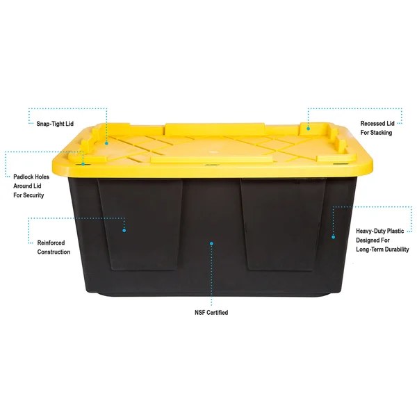 Diagram of tote features: snap-tight lid, padlock holes, recessed stacking lid, reinforced heavy-duty NSF-certified construction